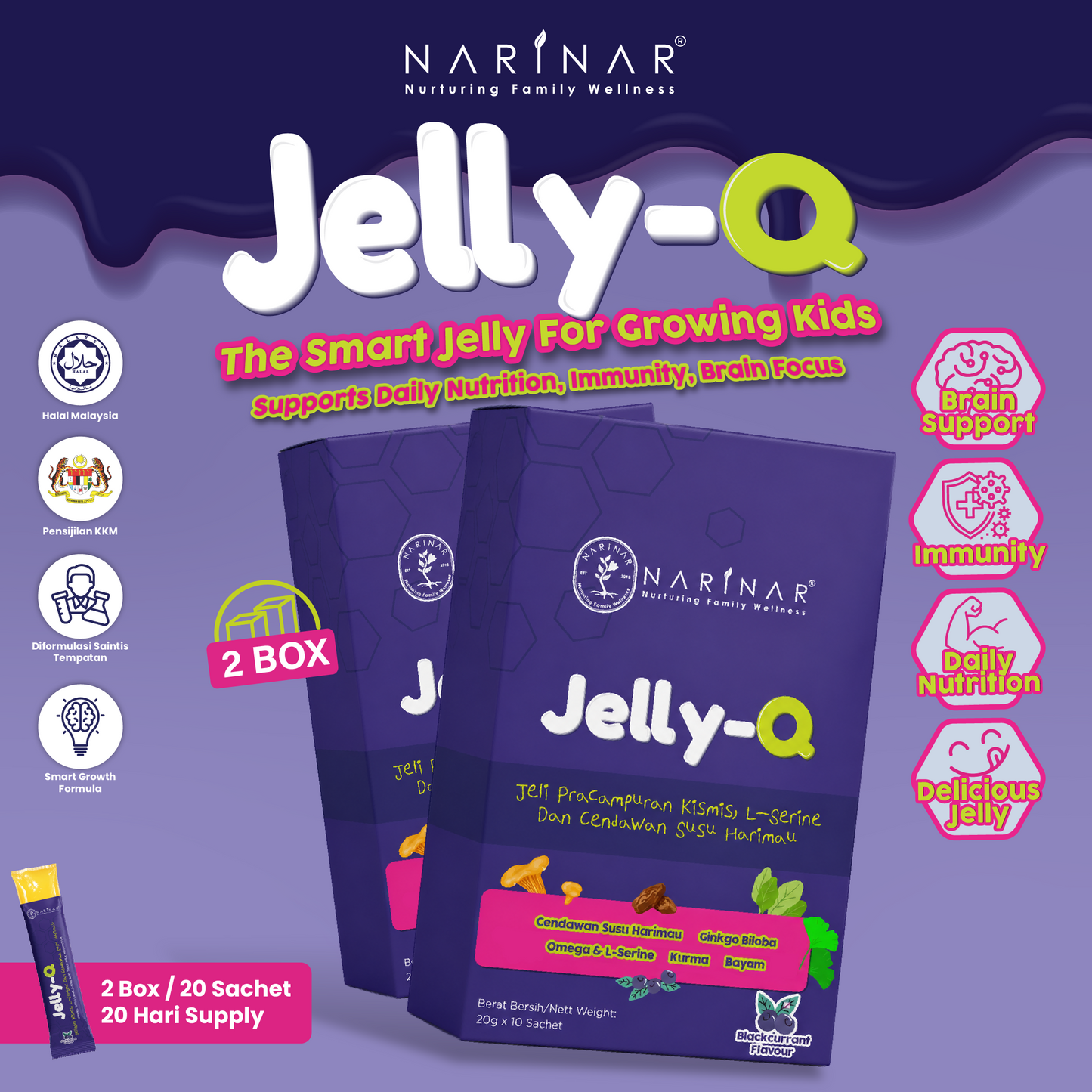 NARINAR Jelly-Q Children’s Nutritional Jelly with L-Serine & Tiger Milk Mushroom (2 Box)